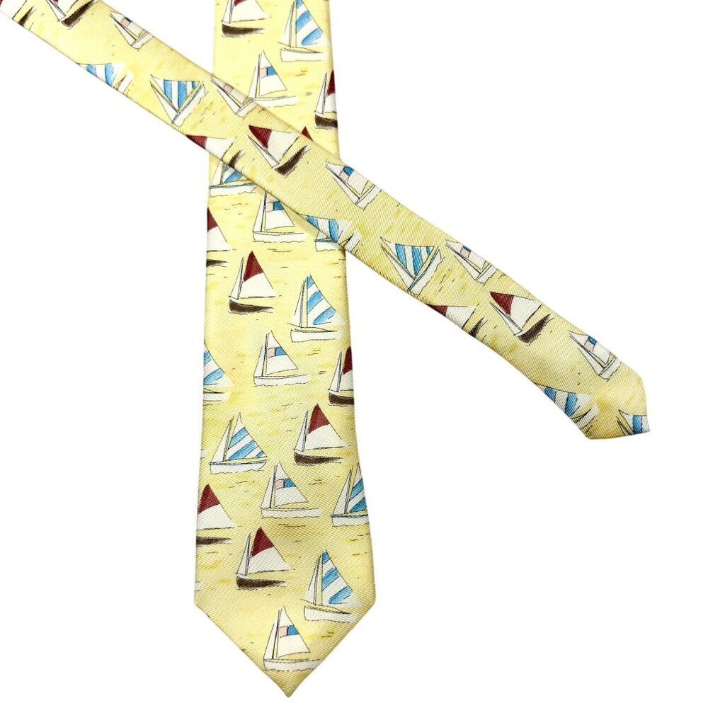 J. McLaughlin Yellow Sailboat Print Silk Necktie - 49.5" x 3"